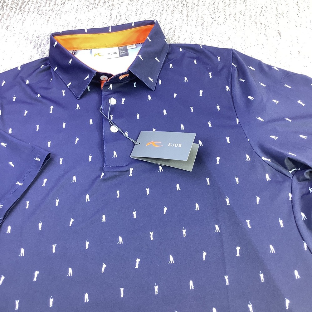 KJUS Men's Golfer Polo‎ Shirt Short Sleeve Navy Blue Golf Print XL